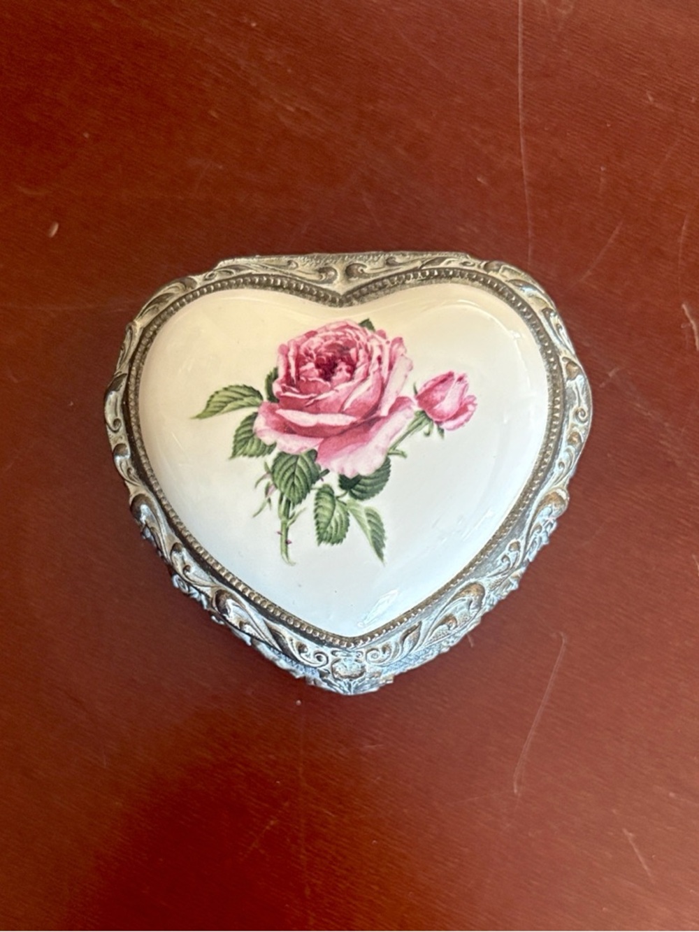 Heart-Shaped Silver Tone Trinket Box with Pink Rose Motif made in Japan